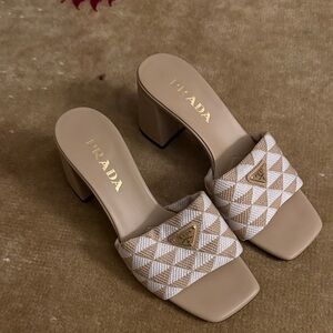 Prada Beige Geometric Heeled Slides